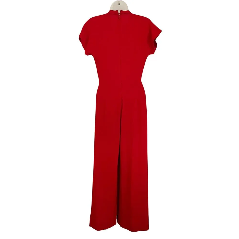 Vintage Norma Kamali x Bloomingdales 1980s Red Crepe Keyhole Pleated Jumpsuit - Image 3