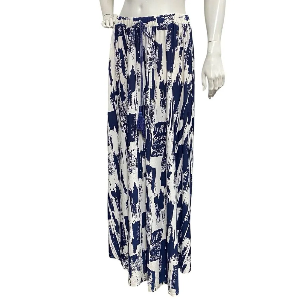 Selfie Couture Womens M Floor Length Maxi Peasant Skirt Blue White Slinky Flowy Size M - Image 3