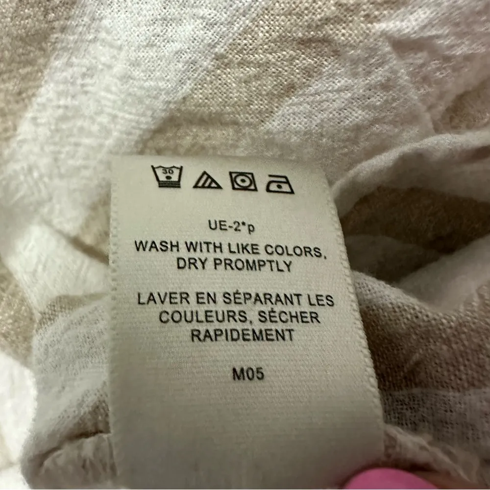 Linen Van Heusen Khaki Tan White Striped Split V Neck 3 Quarter Sleeve Blouse XL - Image 9