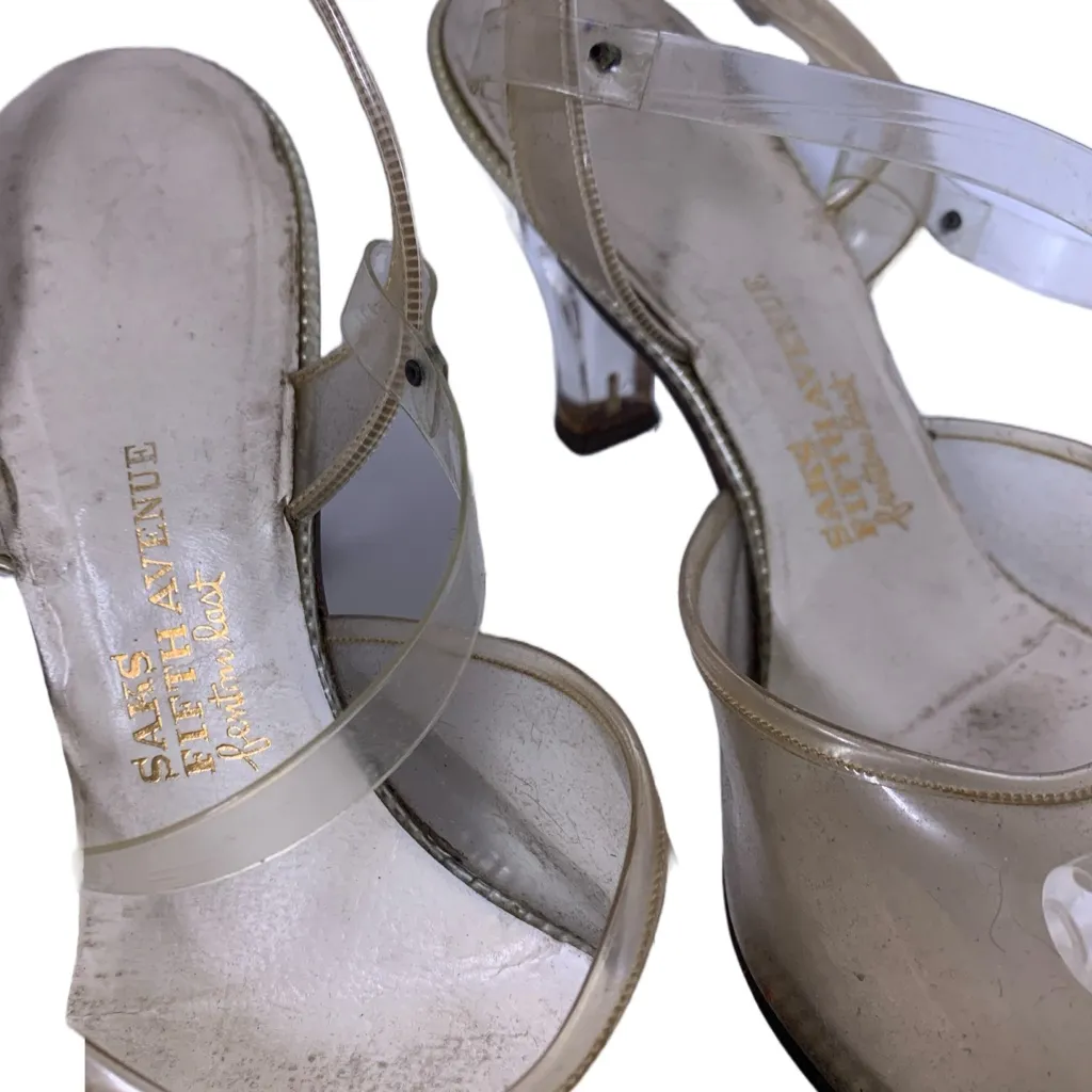 VINTAGE 1950'S SAKS FIFTH AVENUE FENTON LAST PLASTIC LUCITE BEADED HEELS (6) - Image 12