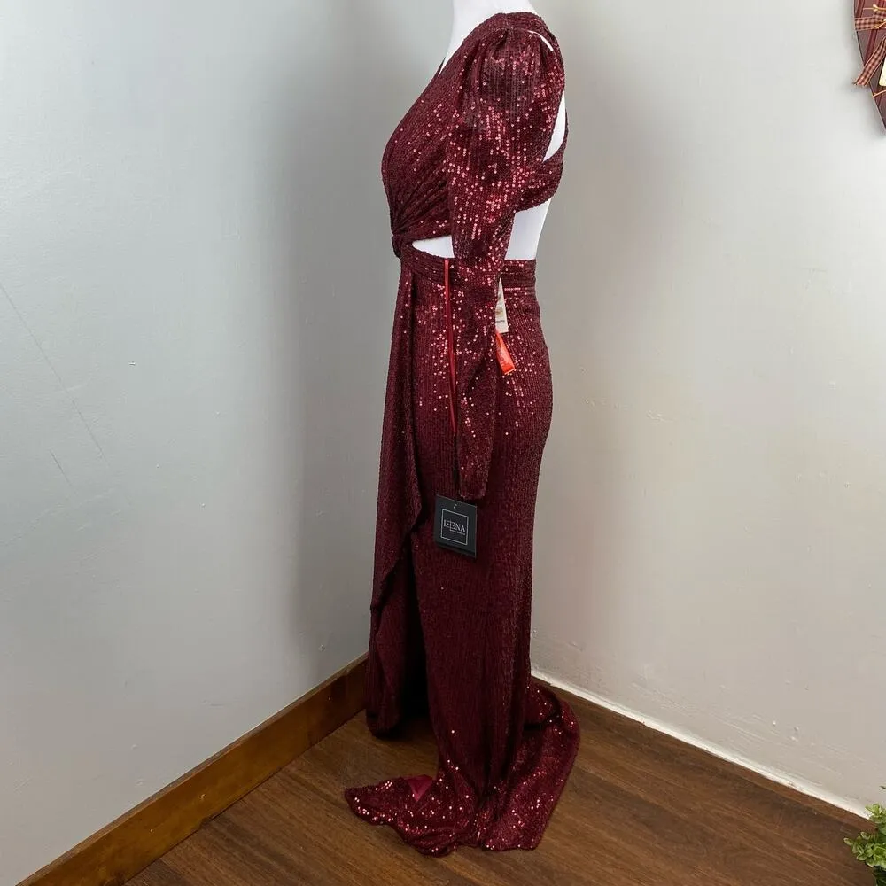 Mac Duggal Wine Sequined Criss Cross Cutout Long Sleeve Gown Size 0 $498 26739 - Image 11