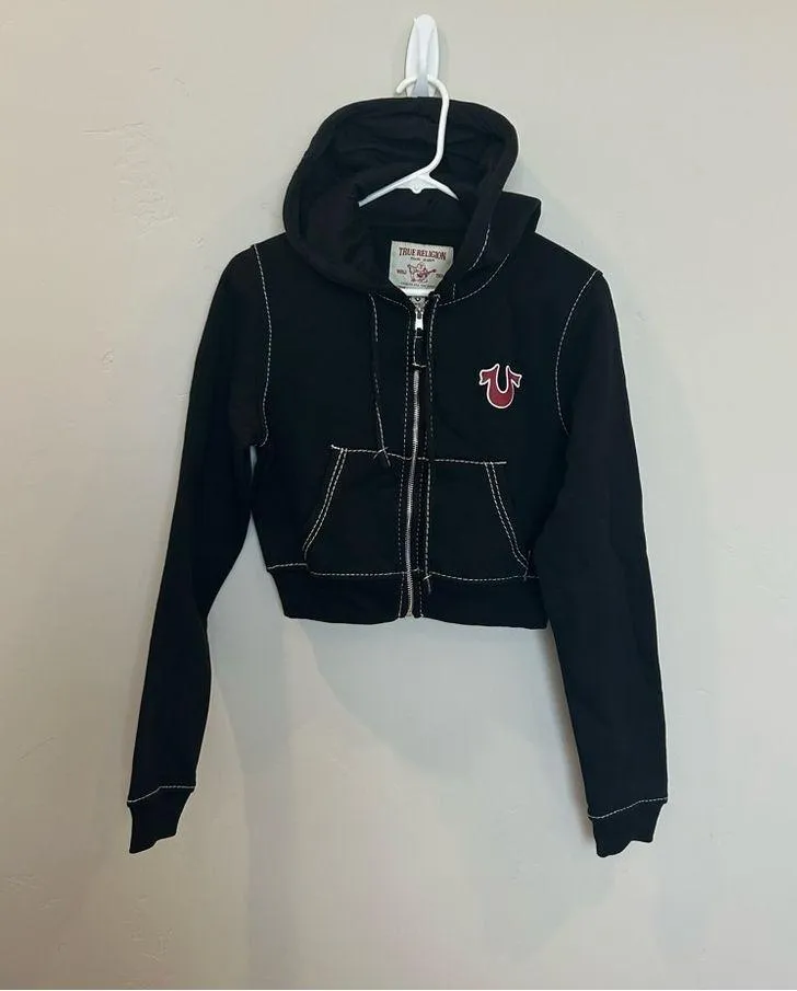 Women’s True Religion Shruken Zip Up Hoodie Big T, Black, Medium - Image 4