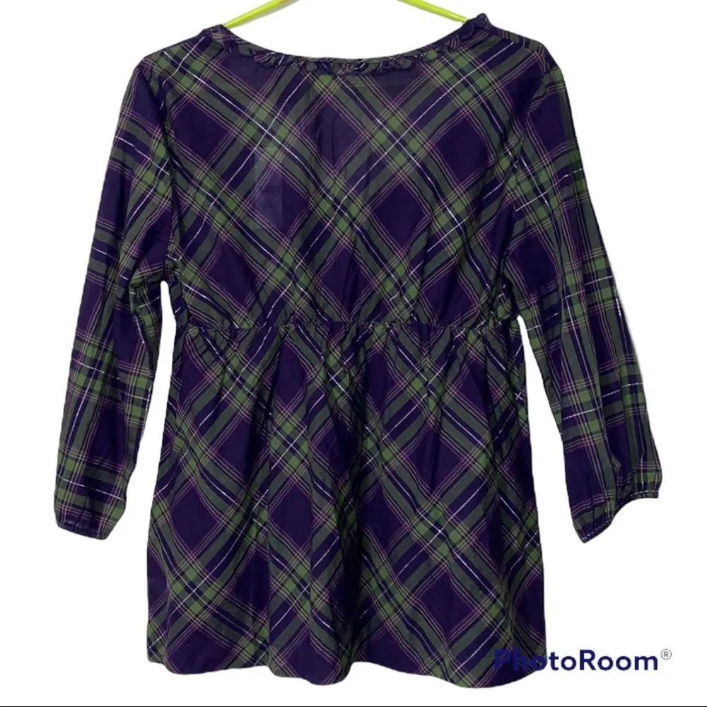New York & Company L women’s scoop neck purple green shiny silver plaid 3/4 slvs Size L - Image 2