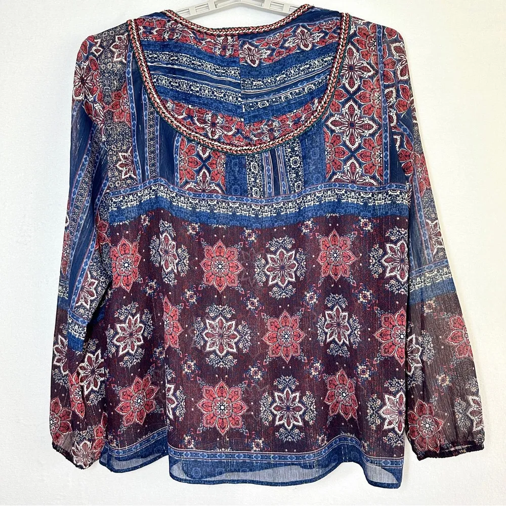 Daniel Rainn Sheer Boho Blouse XL Shimmery Rope Trim Flowy Long Sleeve Top - Image 5