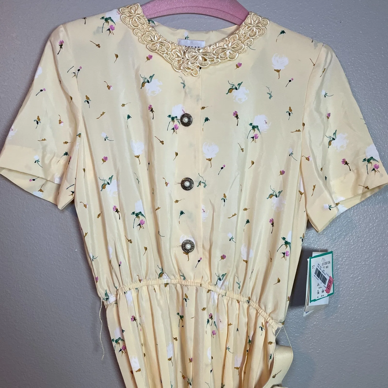 Leslie Fay Dress Vintage Size 10 Belt Midi Cottagecore Secretary Floral Yellow - Image 2