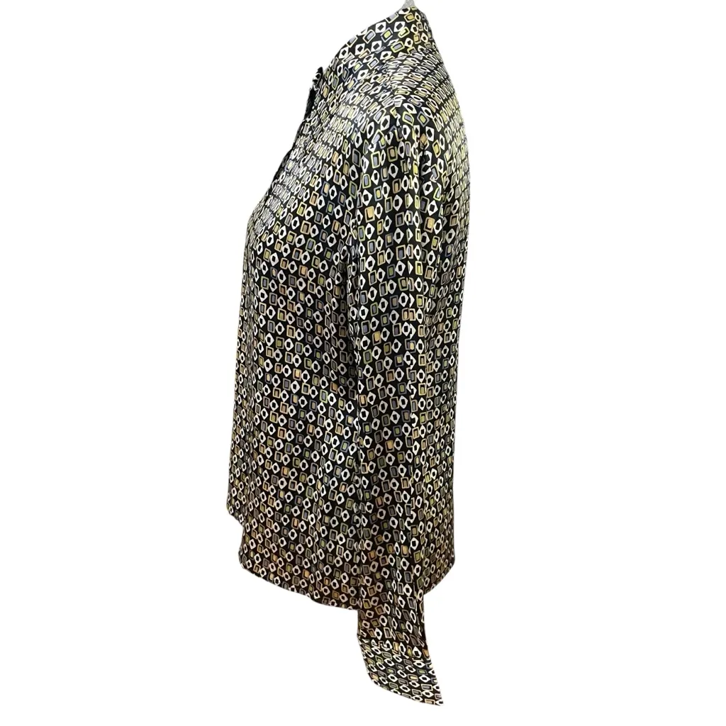 Express 100% Silk Blouse Women’s Medium Geometric Print Button Down Long Sleeve Gold - Image 2