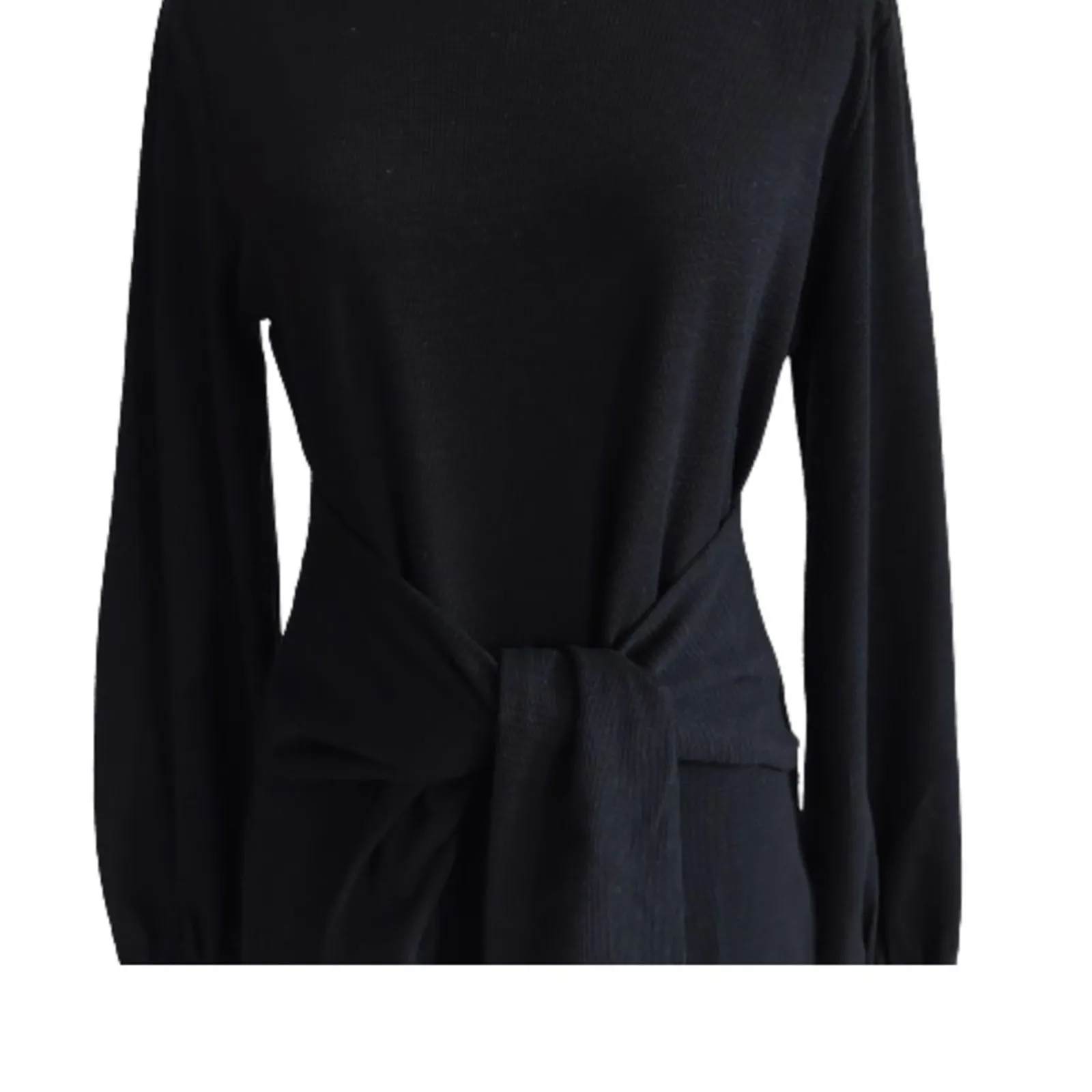 Fashion Dress Black Long Lantern Sleeve Crewneck Tie Waist Mini Dress Medium NEW - Image 8