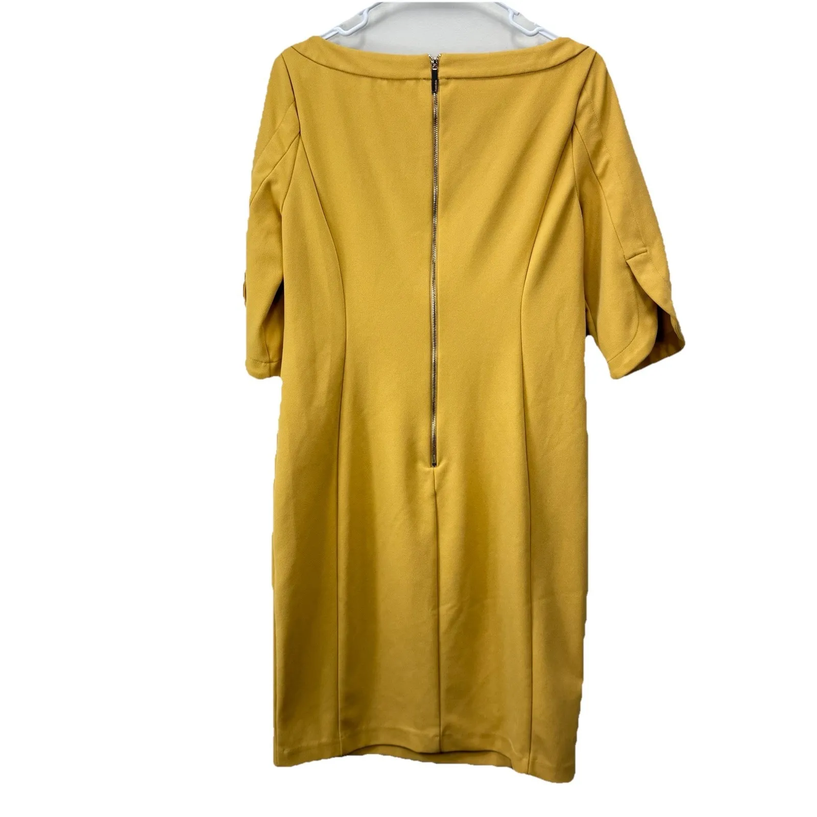 Calvin Klein Mustard Yellow 3/4 Split Sleeve‎ Stretch Crepe Sheath Dress Size 8 - Image 3