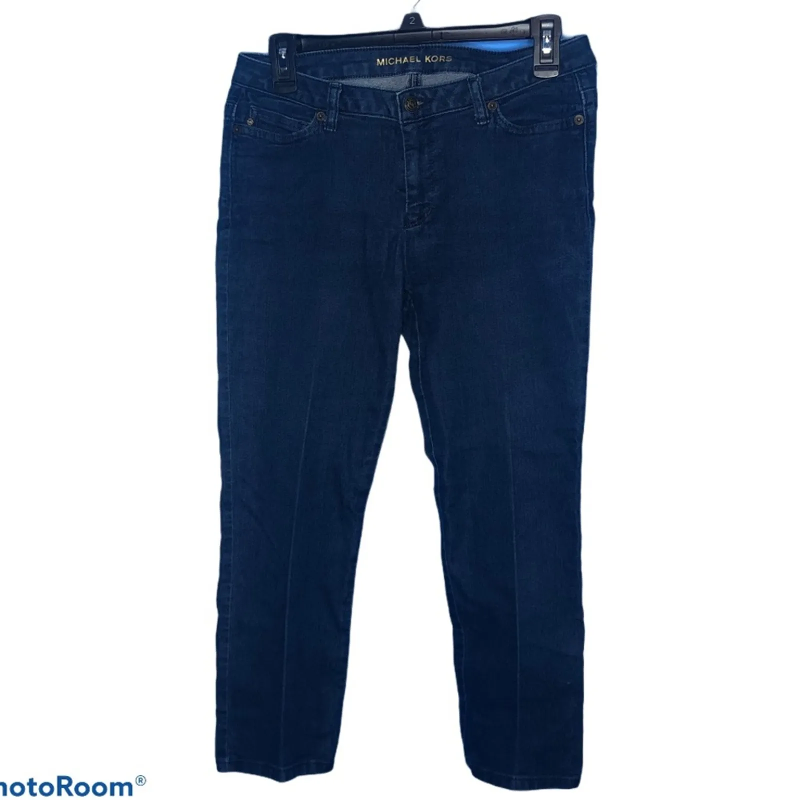 Michael Kors Dark Blue Skinny Crop Jeans Gold Pendant Detail Size 4 - Image 11