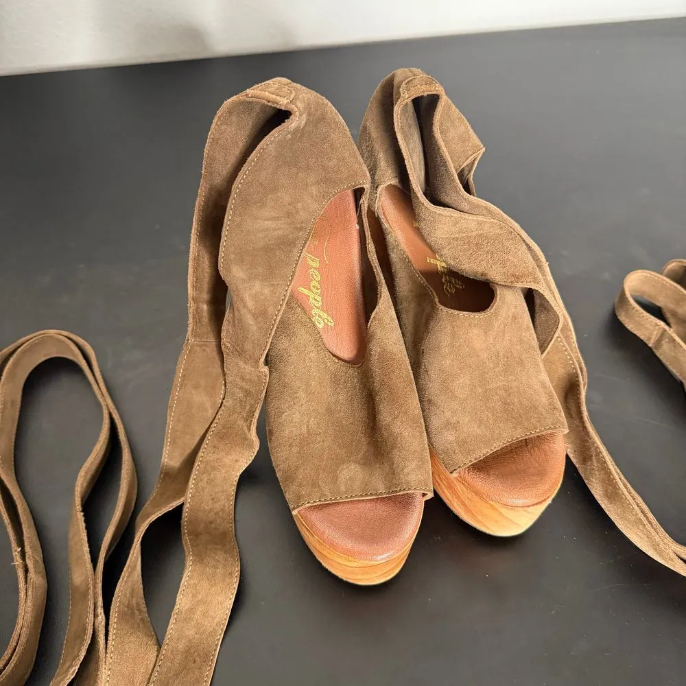 Free People Touch The Sky Wooden‎ Platform Heels Womens 37 US 6.5 Green Lace Up - Image 3