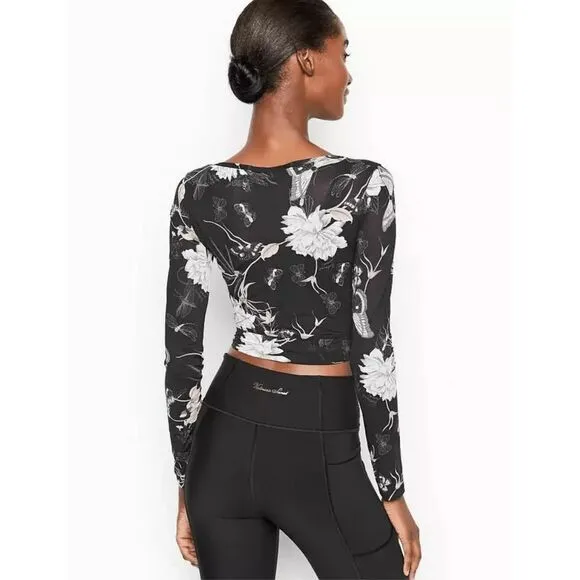 Victoria's Secret Top‎ Womens XL Black Floral Long Sleeve Crop Mesh Semi-Sheer - Image 7