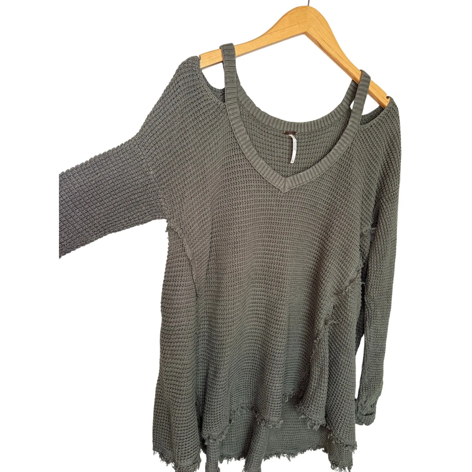 Free People Moonshine Cold Shoulder Thermal Waffle Knit Sweater Women’s L Green - Image 4