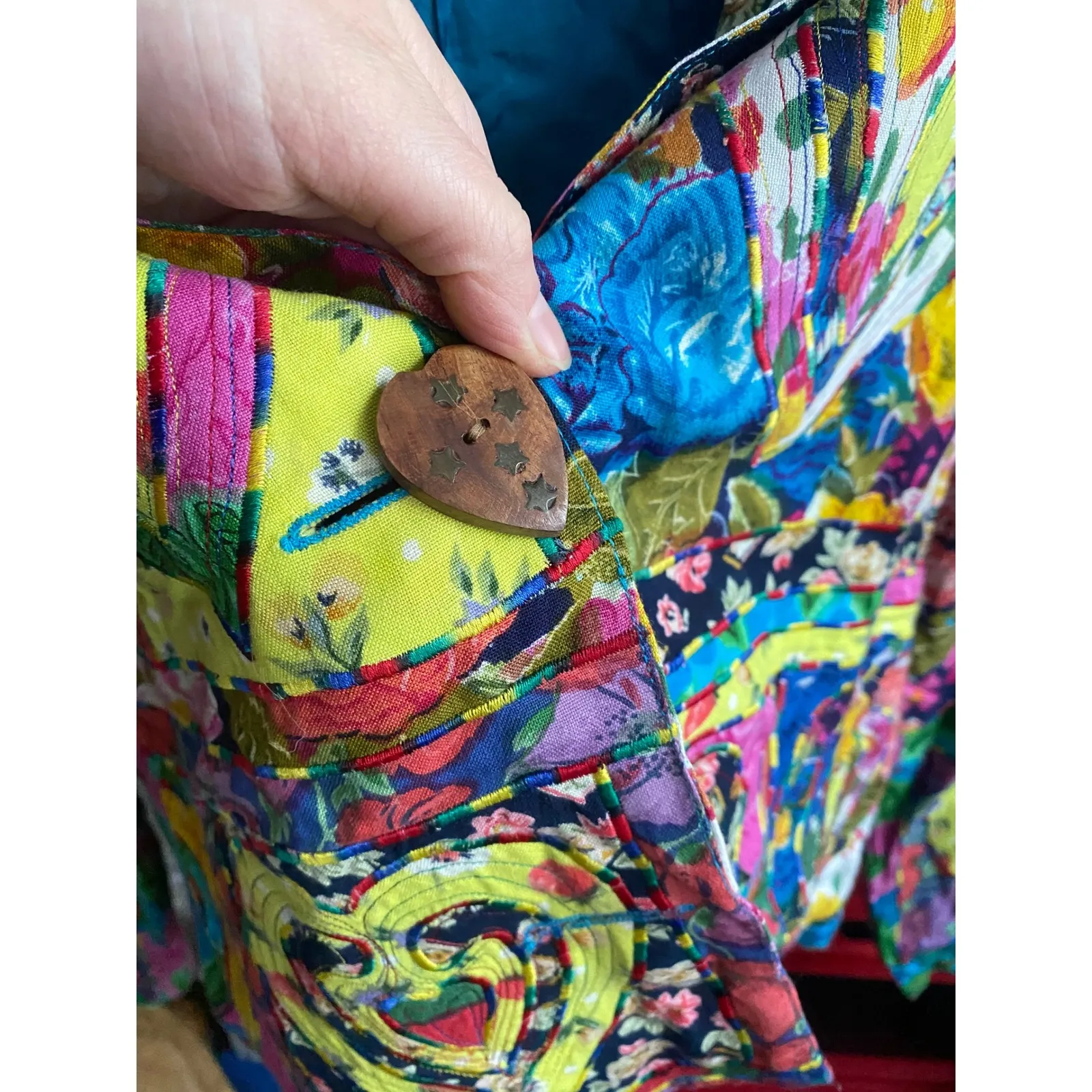 Vintage 1980's Patchwork Floral Heart Blazer Jacket Small Artsy Bohemian Folksy Blue - Image 5