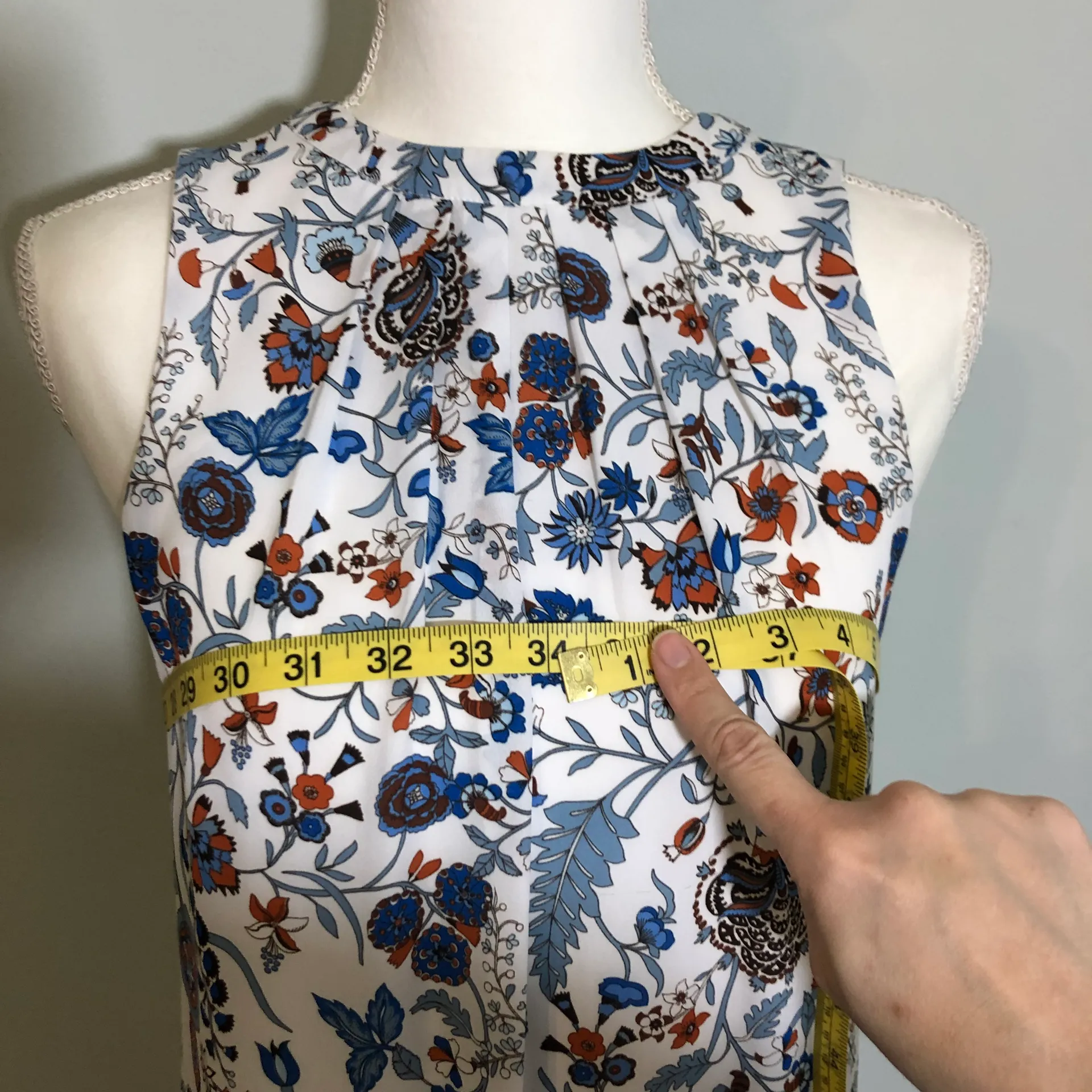 Orange Blue Pleated Shift Dress Floral Paisley Jacquard Mini Cutout Tie Back - Image 5