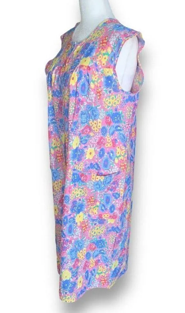 Vintage 80s Midi Dress Colorful Liberty Floral Snap Front Cap Sleeve Pink Blue Size M - Image 8