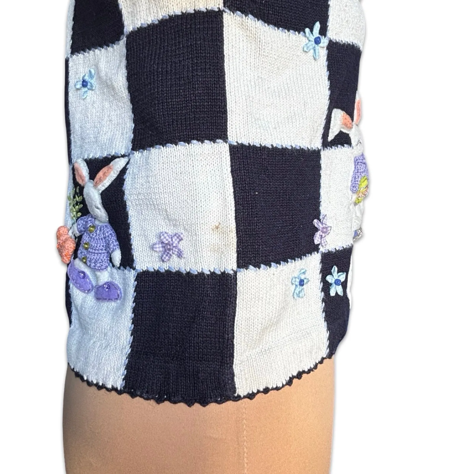 Vintage Marisa Christina Bunny Appliqué Knit Cardigan Black White Checkered Size M - Image 7