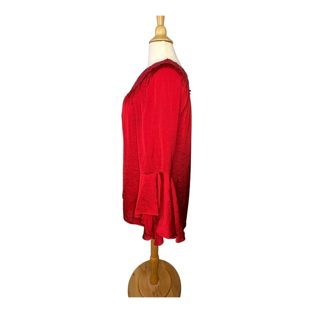 Melissa Paige Red Crochet Neck Bell Sleeve Blouse Top Elegant Women‎ Size Medium - Image 4