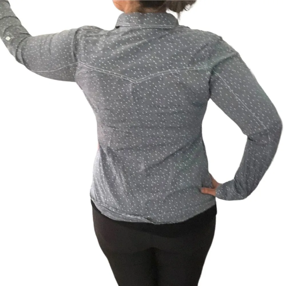 Maurices MEDIUM Navy Polka Dot Button Down Roll-Tab Shirt - Image 6