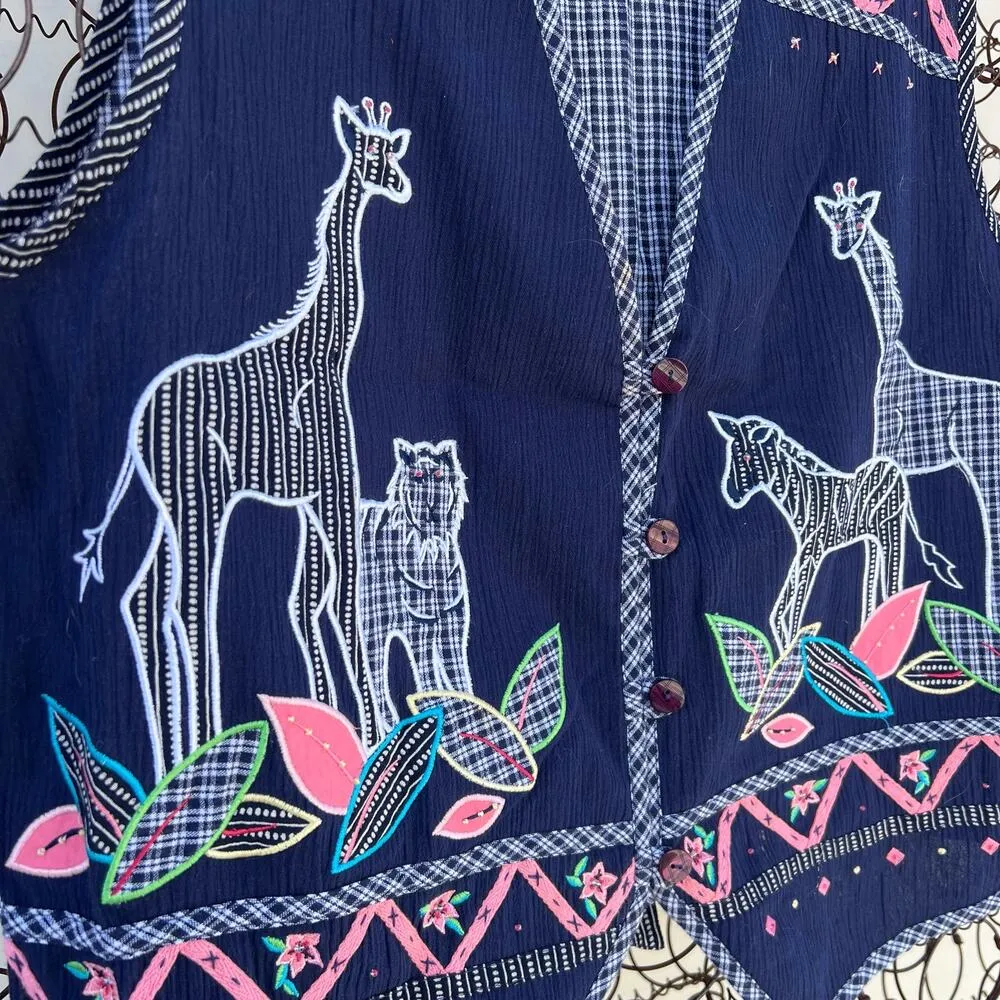Vintage 90s Napa Valley Giraffe Art To Wear Applique Vest LARGE Blue - Image 3