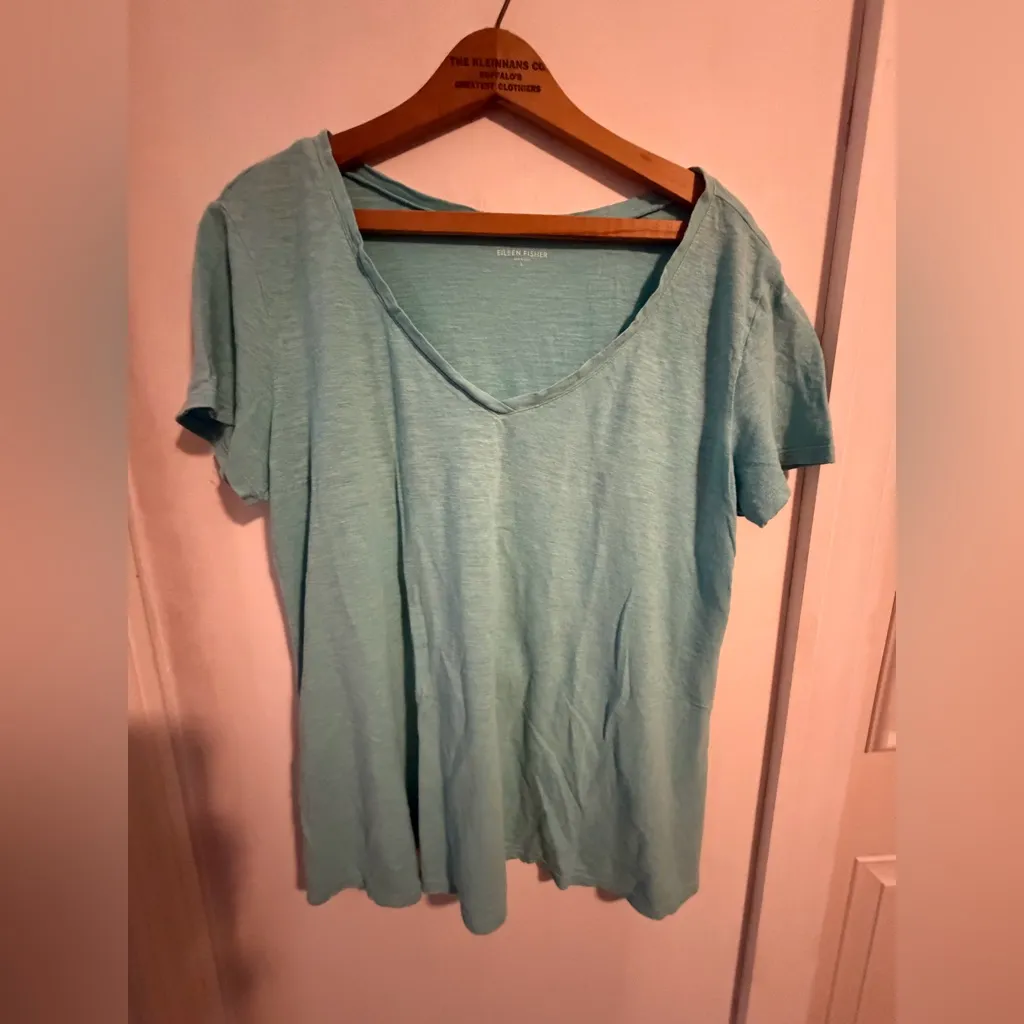Eileen Fisher bright blue/teal v neck t shirt made from hemp and cotton. Size L. - Image 3
