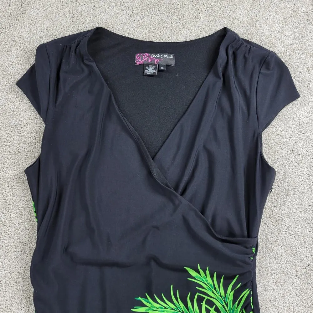 Peck & Peck Dress Women 14 Black Green Floral Cap Sleeve Bodycon Formal Career - Image 14