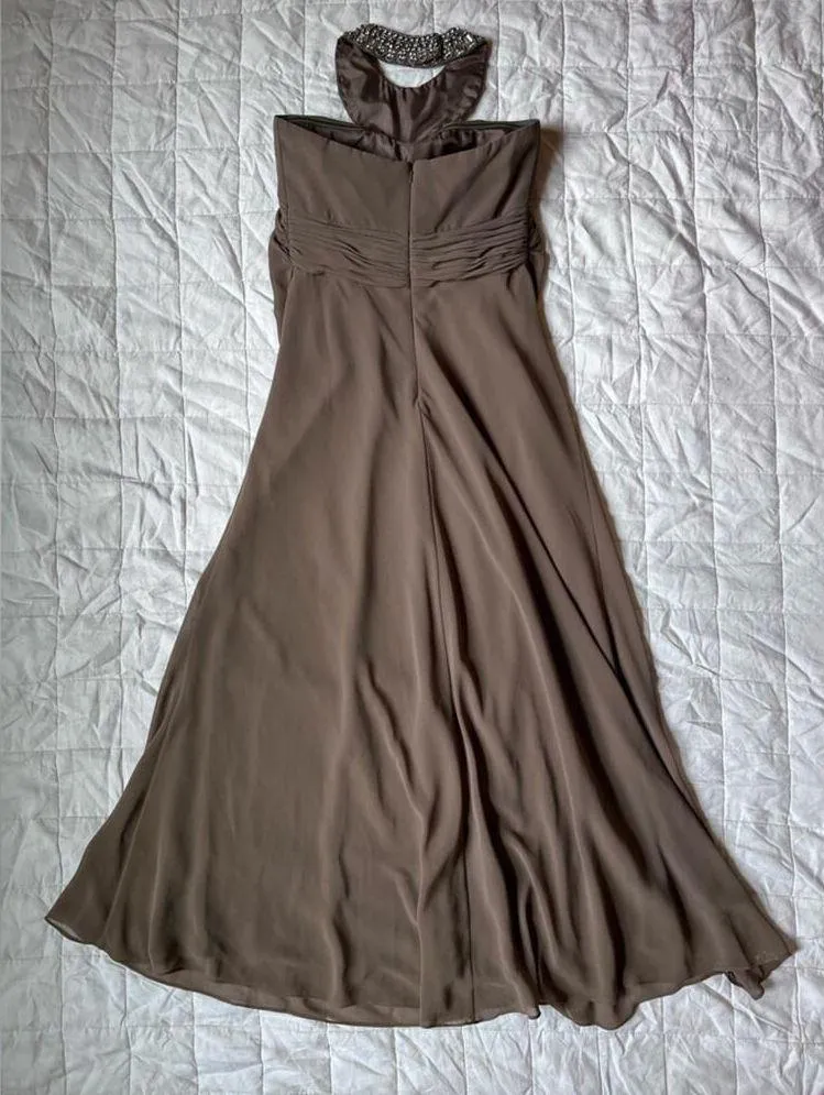 NWT LM Collection Brown / Taupe Beaded Halter Neck Empire Waist Formal Dress - Image 9