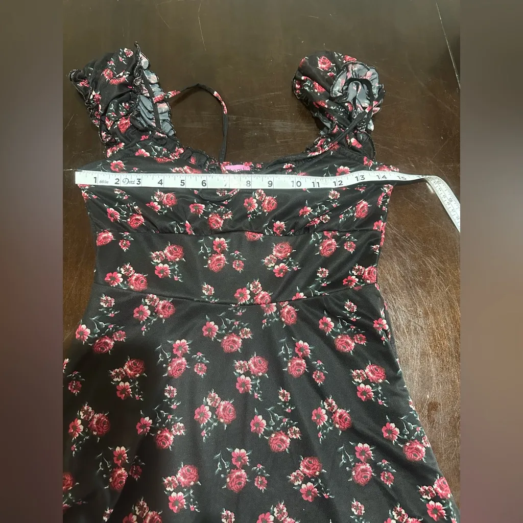 Miami Black and Red Floral Baby doll Mini Dress Y2K whimsygoth dark fairy sz s - Image 6