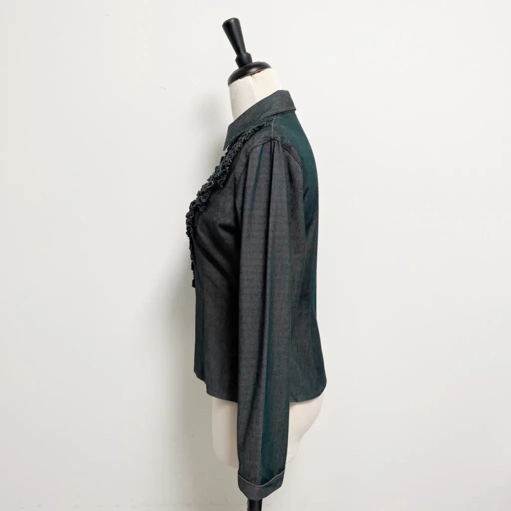 Anne Fontaine Dark Denim Zip Up Ruffle Slim Fit Short Collar Jacket Top 3 Medium Blue - Image 5