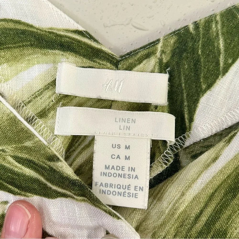 🦋 H&M White Green Palm Leaves Linen Tank Top Beach Vacation Medium - Image 3