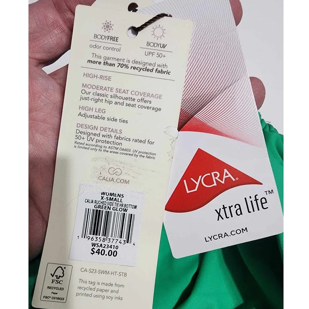 CALIA High Waisted Ruched Side Tie Swim Bikini Bottoms Green Glow XS NEW - Image 4