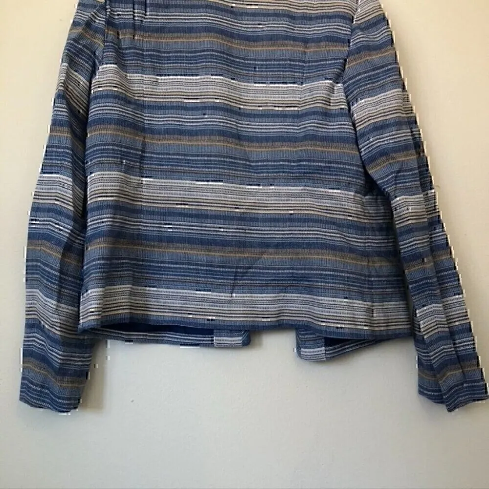 LAUNDRY BY SHELLI SEGAL Blue White Tan Striped Tweed Open Front Blazer Jacket 14 - Image 11