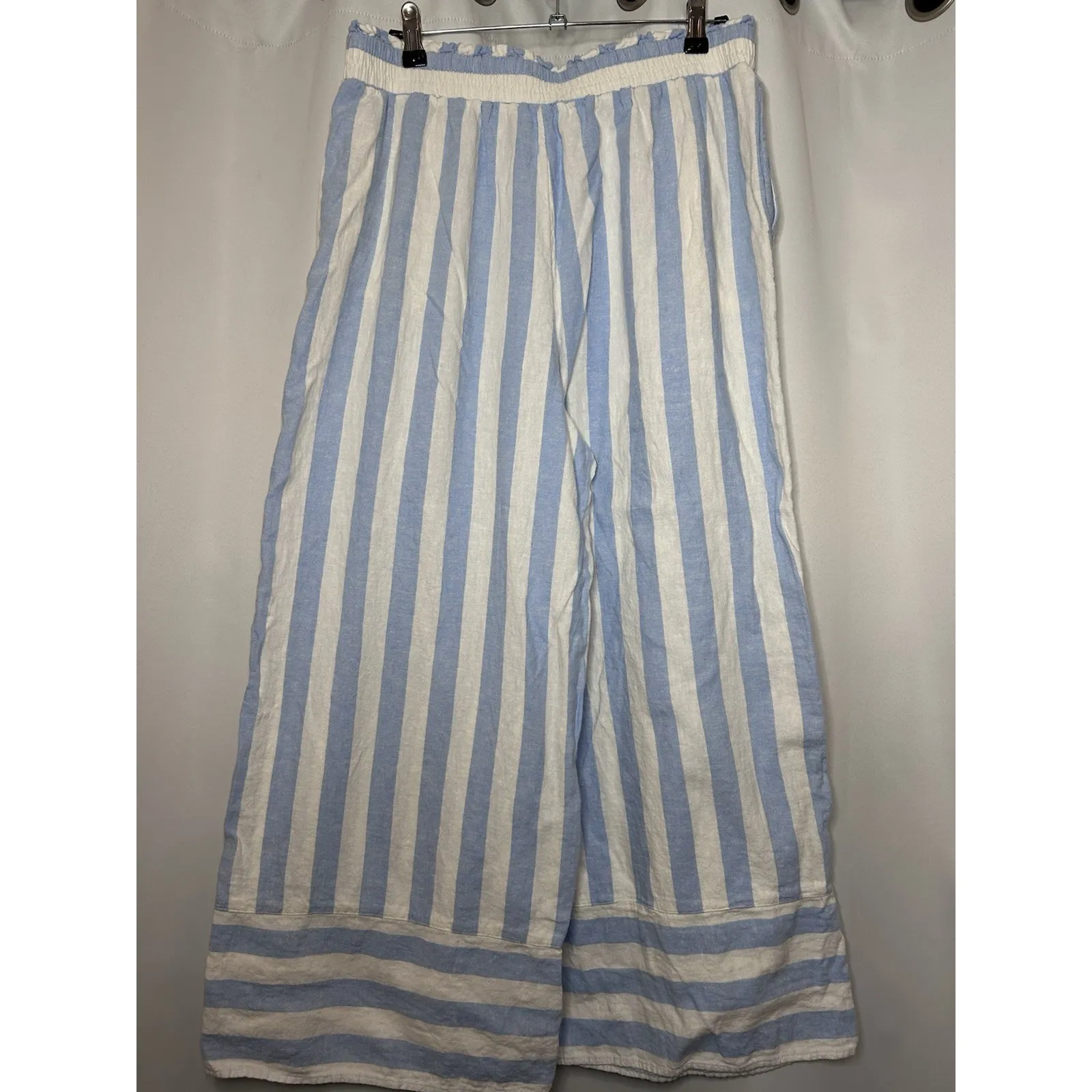 Lauren Conrad Pants Women's Large Blue White Stripe Linen Wide Leg Flowy Crop - Image 5