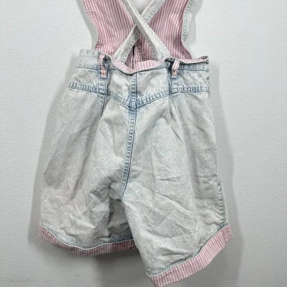 RIO Vintage 80s Denim One Piece Shortall Romper Acid‎ Washed Pink Striped Hem Blue - Image 4