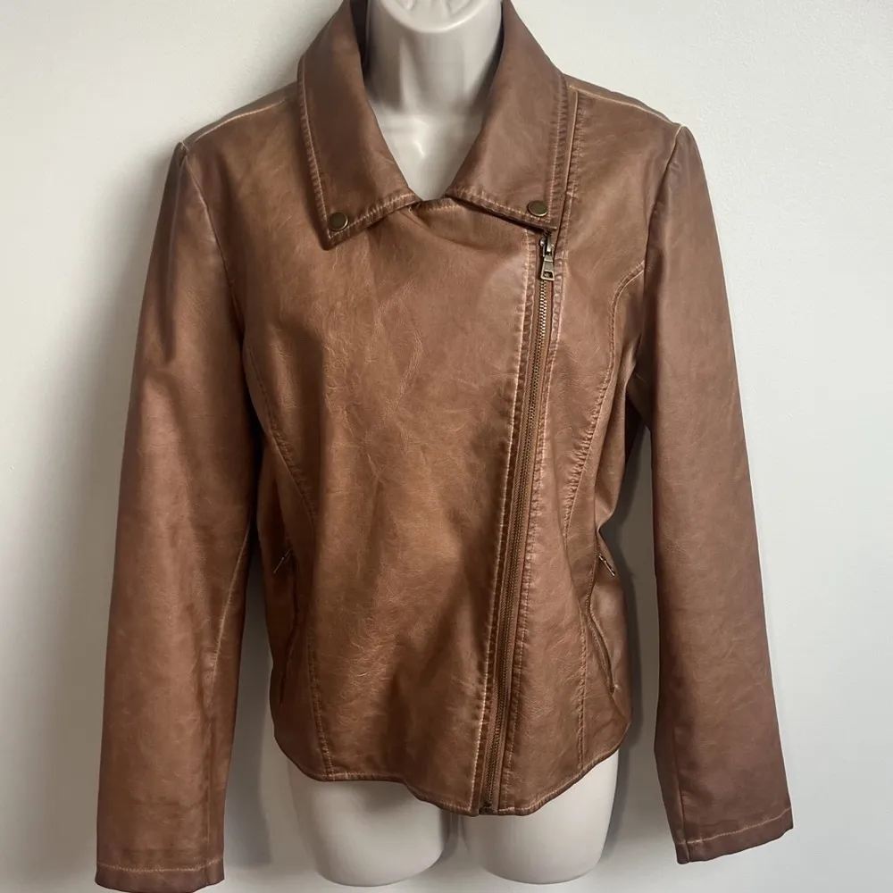 🆕 Bagatelle Anthropologie soft shell faux leather moto jacket tan brown size … - Image 3