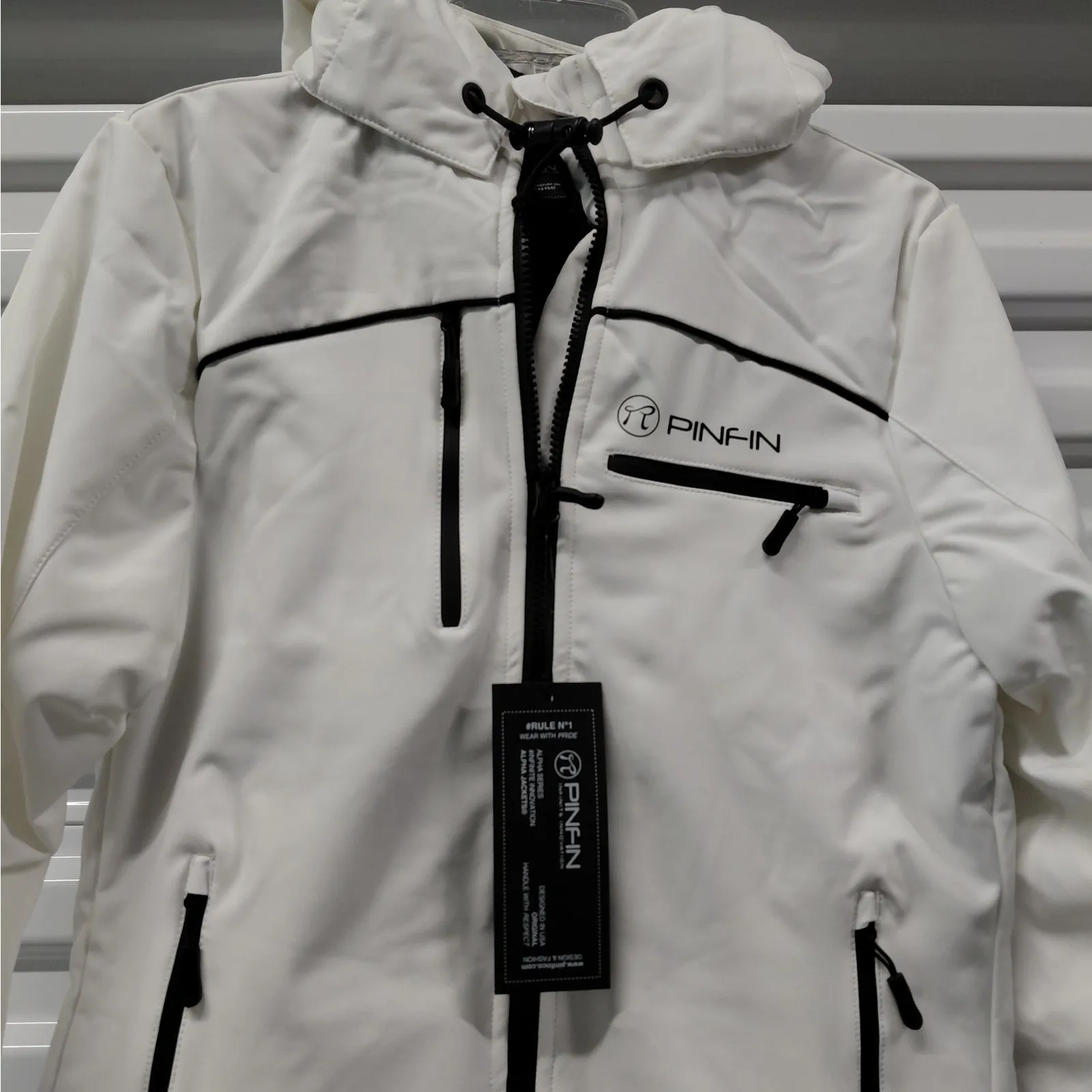 PinFin Womens Hooded Windbreaker Jacket Sz Medium White Outdoor Hiking Rain Coat - Image 5