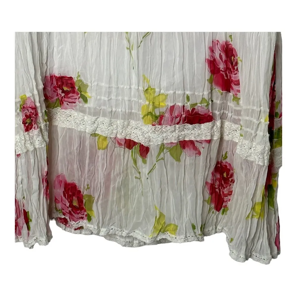 Y2K Guess White Pull-On Midi Skirt Red & Pink Roses Lace Trim Women's Medium - Image 7