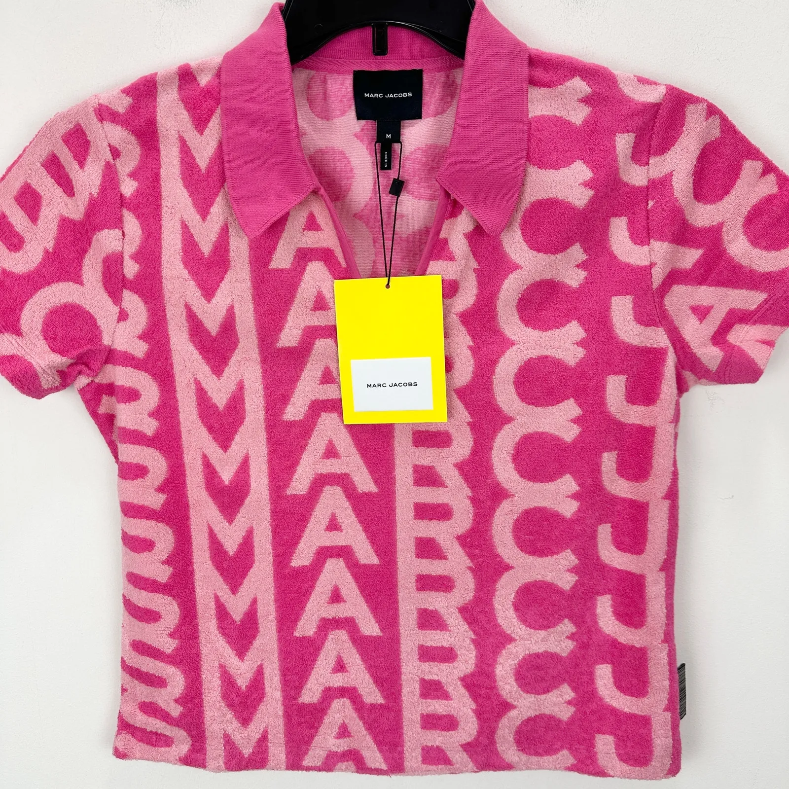 Marc Jacobs Monogram Terry Polo Shirt Pink Resort Cotton Blend Medium NWT - Image 6