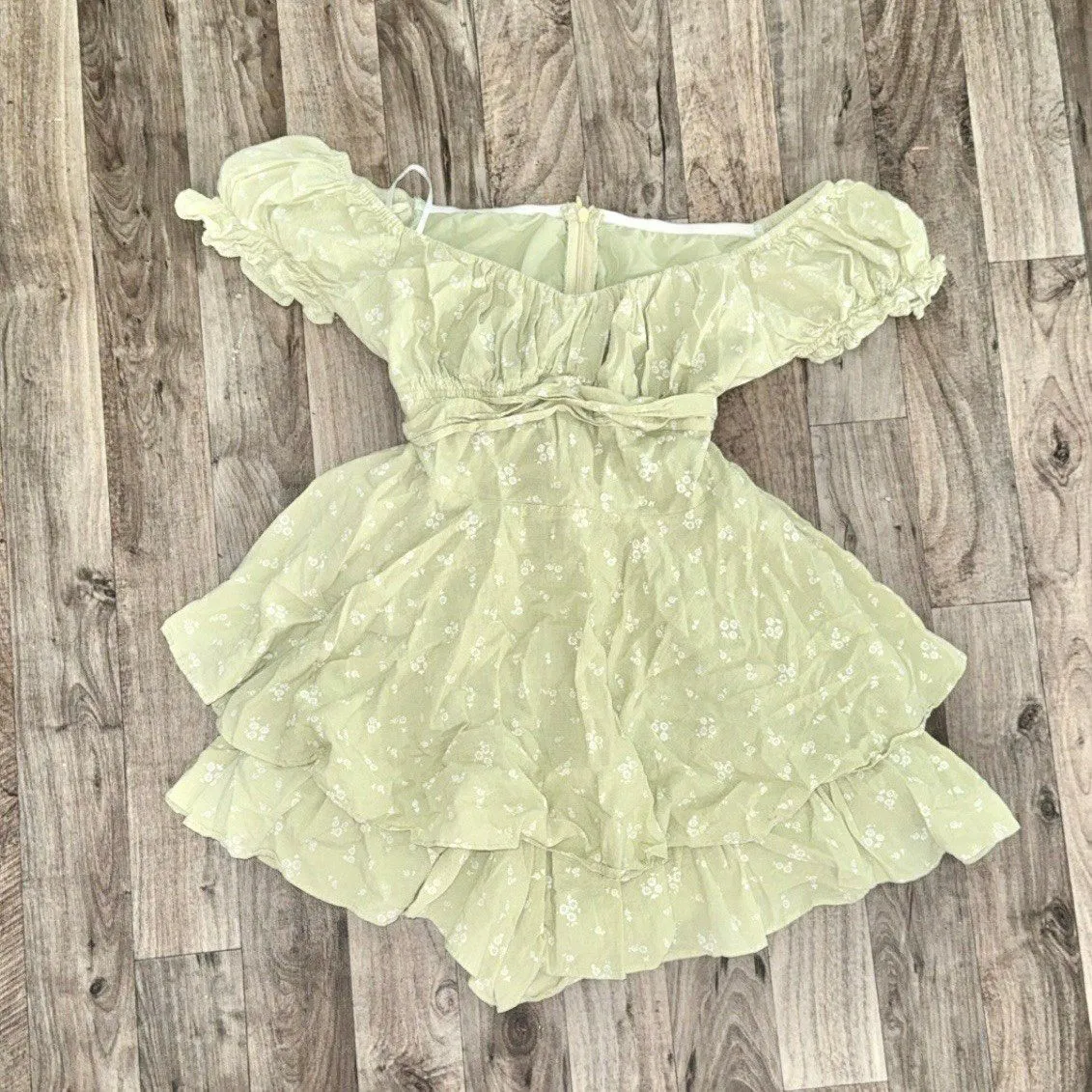 Coquette cottagecore green floral puff sleeve romper dress - Image 2