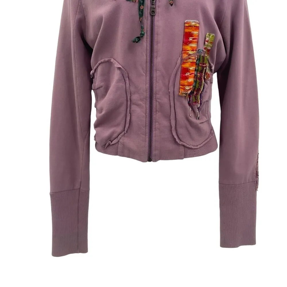 Vintage Free People Abstract Boho Hooded Zip Up Jacket Coat Purple Small - Image 3
