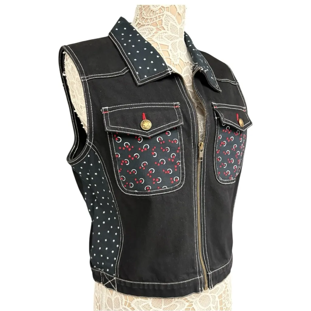 Carole Little Sport Black Zip Vest XL Star Moon Western Denim Style Vintage - Image 9