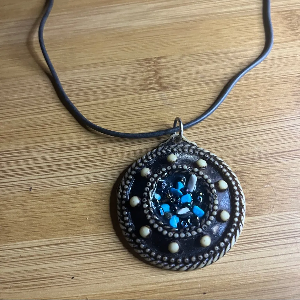 Boho Beaded Medallion Pendant Necklace on Leather Cord Blue - Image 3