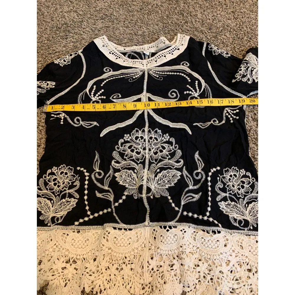 Cato Black Lace Trim Tunic Top Womens Sz S Embroidered Floral Boho Crotchet - Image 8