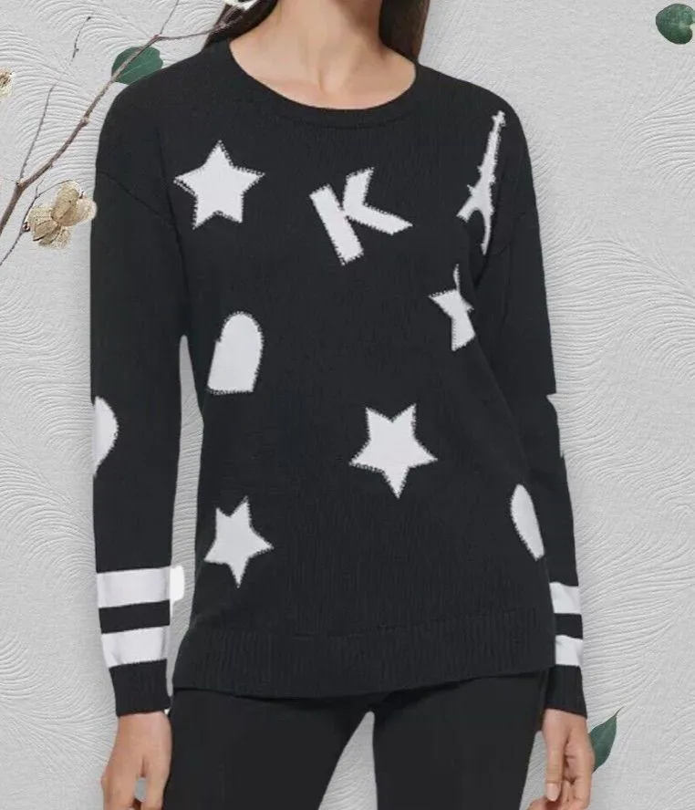 Karl Lagerfeld Paris Intarsia Graphic Sweater Size L Black & White W/cry… - Image 2