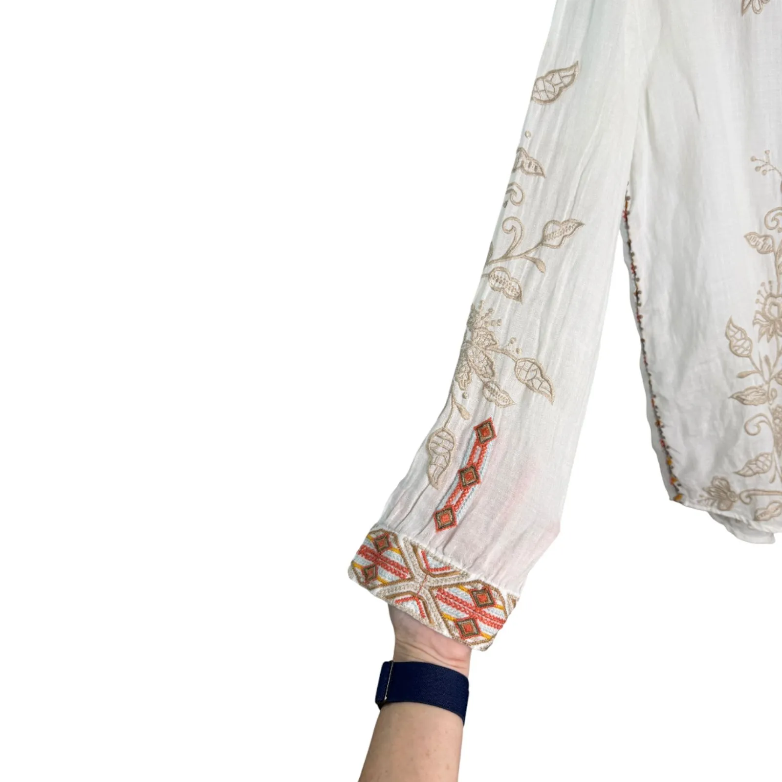 Johnny Was Workshop Chai Oversized Shirt White Embroidered Button Blouse Size XS - Image 5