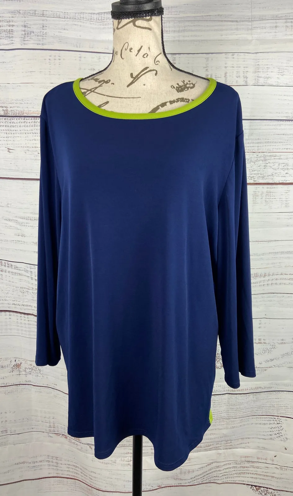 Susan Graver Liquid Knit Top Womens XL Navy Blue Lime Green Stretch 3/4 Sleeves - Image 1