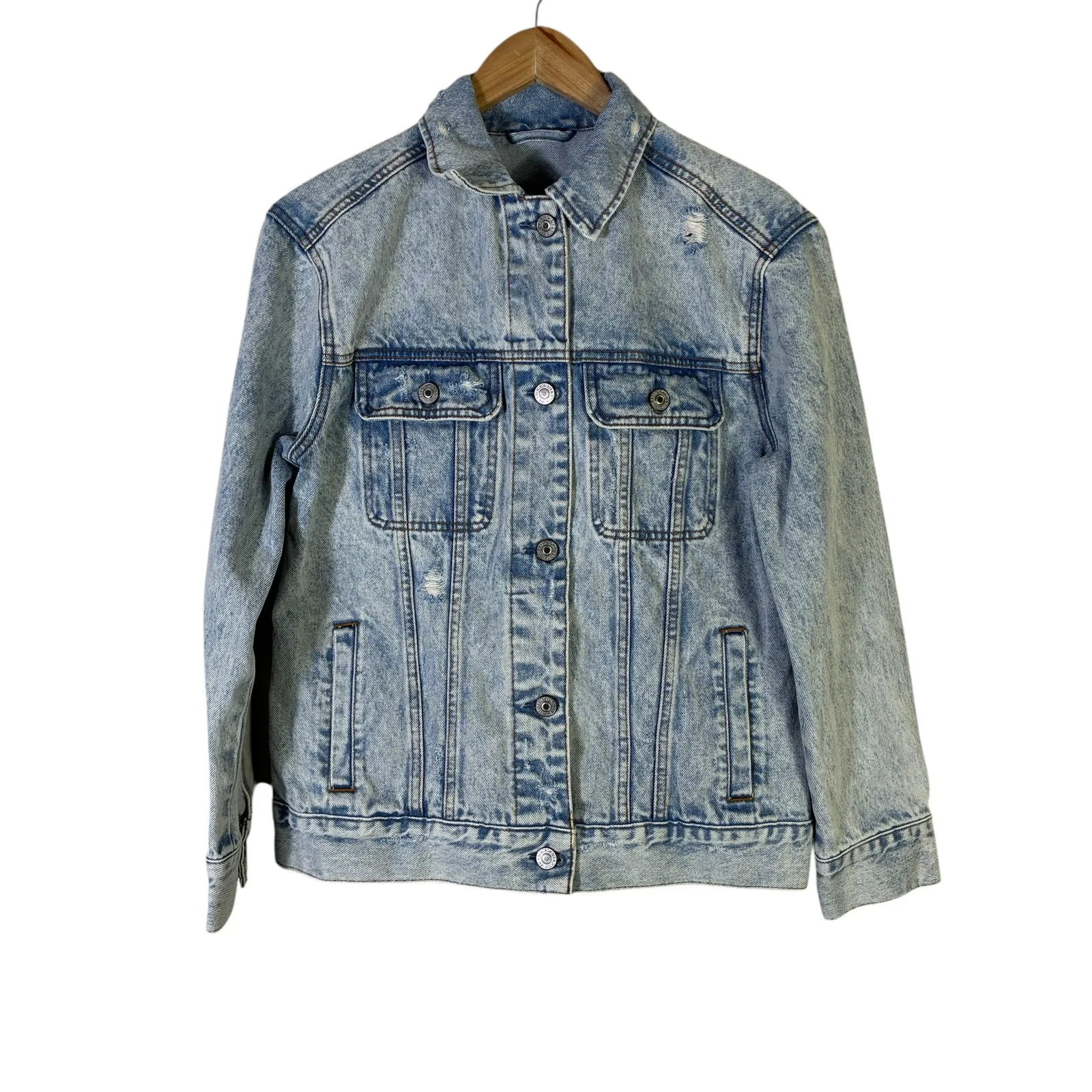 Abercrombie & Fitch Rigid Stone Wash Denim Jacket Womens M Light Wash Distressed - Image 2
