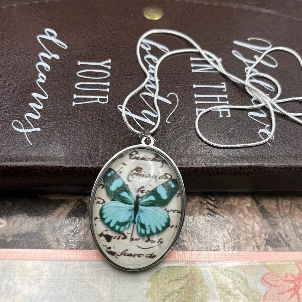 Blue Butterfly Art Pendant Necklace Stainless Steel Chain 20” Boho Jewelry - Image 9