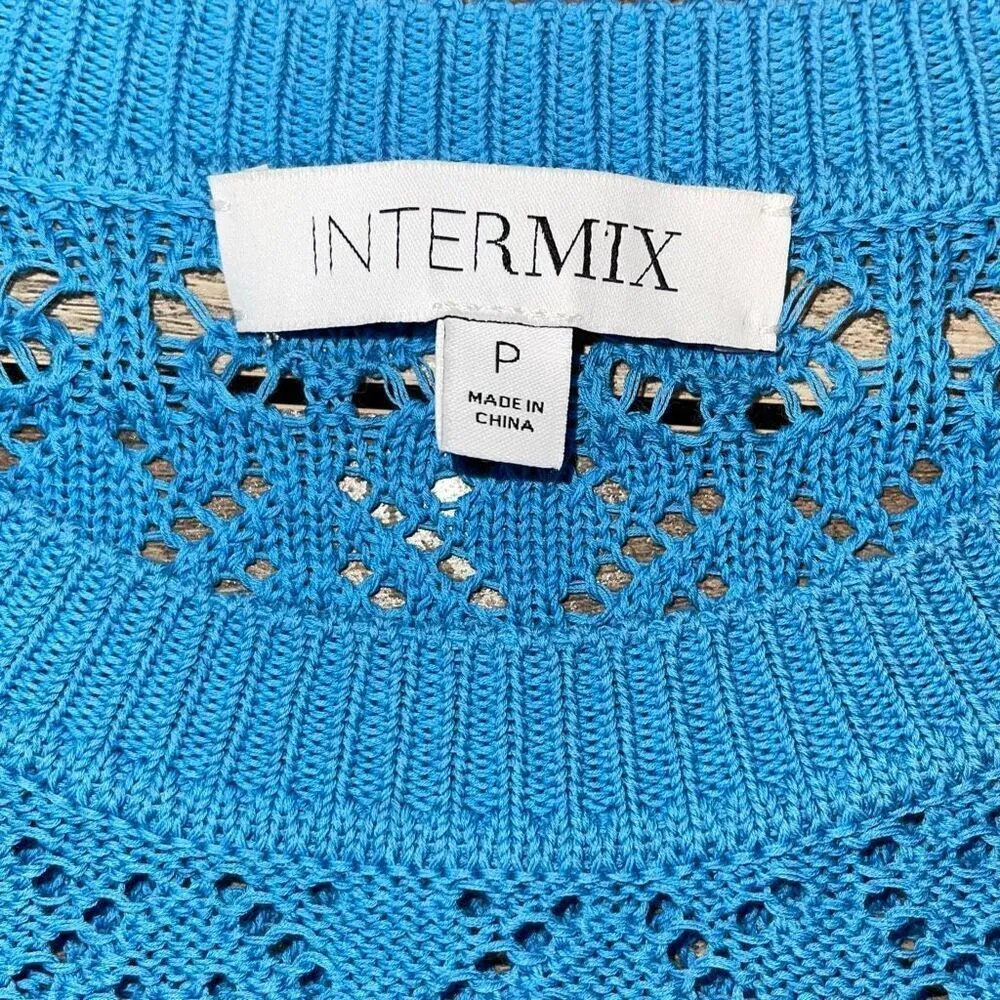 Intermix Womens 100% Cotton Crew‎ Neck Pullover Crochet Sweater Blue Petite - Image 6