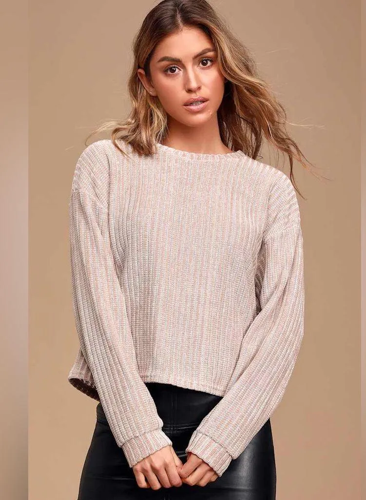 Lulu’s Weekend Ready Taupe Chenille Striped Sweater Top Size Small - Image 2