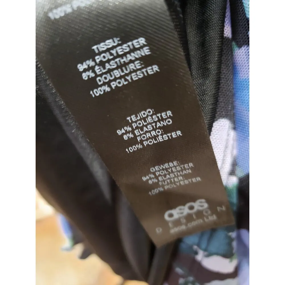 Ruched Floral Bodycon Dress Women Size 14 Purple Blue Mini Ruffle Long Sleeve - Image 11